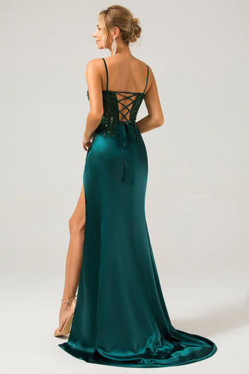 Scintillante Verde Scuro Sirena Paillettes Corsetto Plissettato Abito Lungo Da Ballo Con Fessura